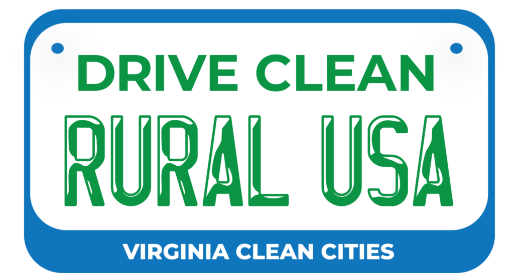 Drive Clean Rural USA Logo within a blue license plate, branded with Virginia Clean Cities.