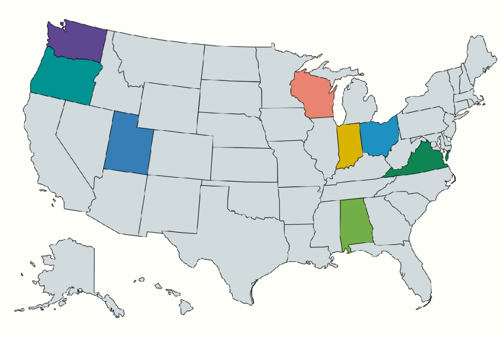 Image of the United States with Washington, Oregon, Utah, Wisconsin, Indiana, Ohio, Virginia, and Alabama colored in to represent operating states.